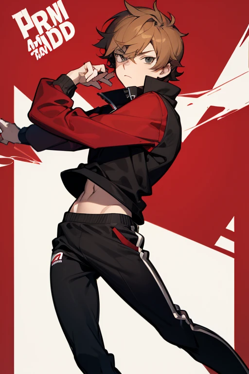 Tord Larsson from Eddsworld anime version, His hair is brown blonde with gray eyes., dark red sports sweatshirt and black sports pants, tomboy.