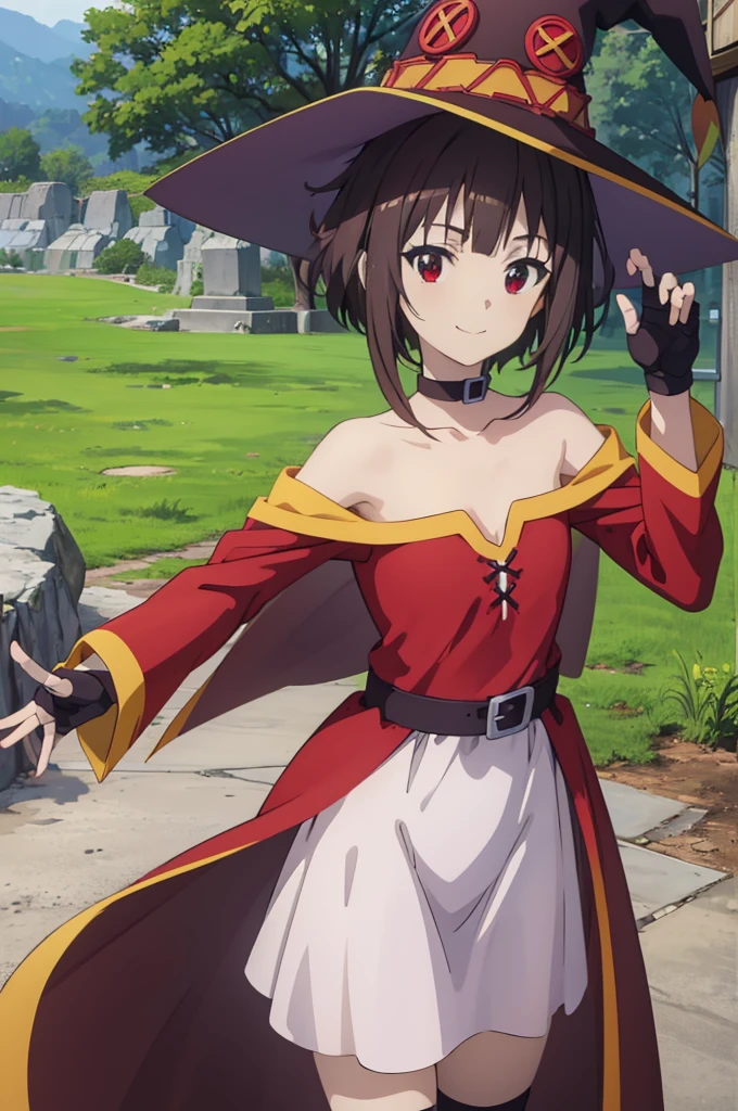 masterpiece, best quality, high resolution, best illustration, super fine illustration, (official art:0.6), (anime screencap:1.2), detailed beautiful face and eyes, anime keyvisual, (perfect anatomy:1.1), 8k portrait, (detail focus fingers:1.2), 
1girl,
Megumin \(konosuba\),
short hair with long locks,
brown hair, 
(red eyes:1.2), 
witch hat, black choker, black gloves, fingerless gloves,  
small breasts, 
off-shoulder dress, red dress, brown cape, long sleeves, single thighhigh, asymmetrical legwear, bandaged leg,
smile, 
looking at viewer, 
cowboy shot, 
dynamic pose, 
natural light, background of outdoors, (forrest), nature, 