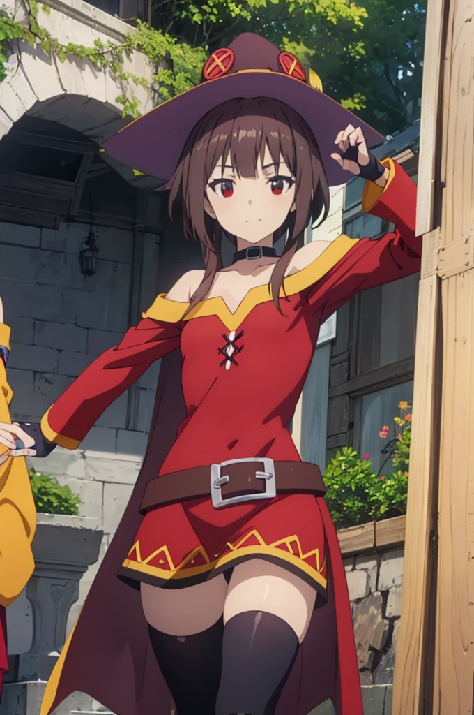 masterpiece, best quality, high resolution, best illustration, super fine illustration, (official art:0.6), (anime screencap:1.2), detailed beautiful face and eyes, anime keyvisual, (perfect anatomy:1.1), 8k portrait, (detail focus fingers:1.2), 
1girl,
Megumin \(konosuba\),
short hair with long locks,
brown hair, 
(red eyes:1.2), 
witch hat, black choker, black gloves, fingerless gloves,  
small breasts, 
off-shoulder dress, red dress, brown cape, long sleeves, single thighhigh, asymmetrical legwear, bandaged leg,
smile, 
looking at viewer, 
cowboy shot, 
dynamic pose, 
natural light, background of outdoors, (forrest), nature, 