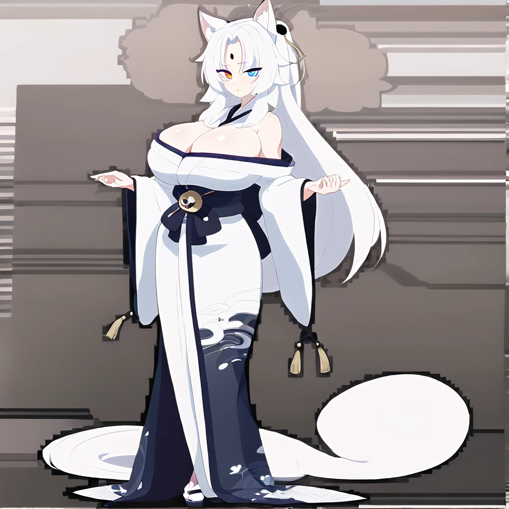 beautiful white neko, long white neko ears, white neko tail, anime style, purple eye, blue eye, big breasts, extremely detailed eyes and face, Wearing White and Black Open Shoulders Kimono, white long hair, heterochromia, wide waist, mature woman, black small beauty mark under right eye, full body