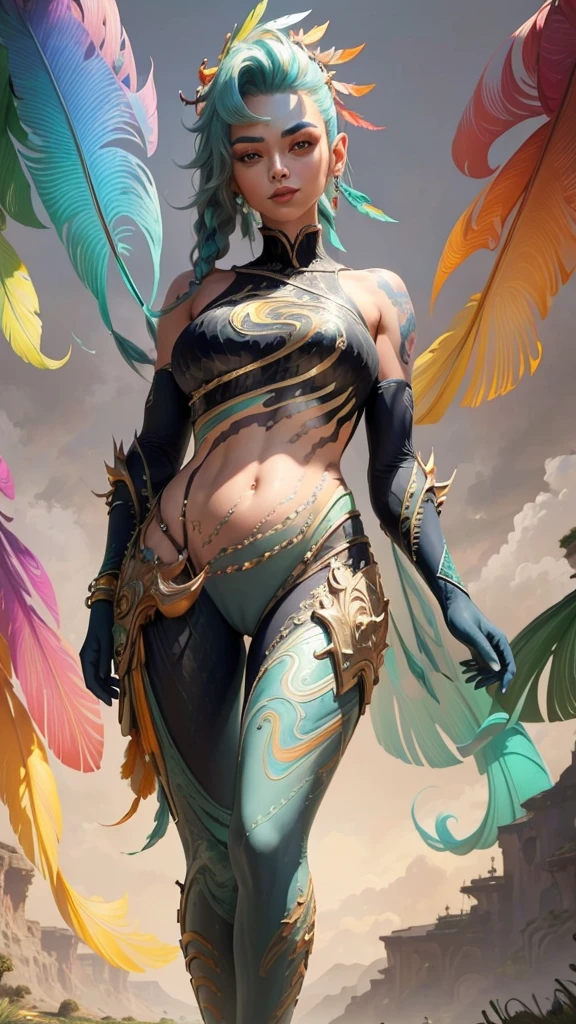 (masterpiece, top quality, best quality, official art, beautiful and aesthetic:1.2), (1girl:1.3), extremely detailed,(crotch tattoo), transparent top clothing, (fractal art:1.1),(colorful:1.1)(feathers:1.3),highest detailed,(zentangle:1.2), full body, (abstract background:1.3), (shiny skin), (many colors:1.4), ,(earrings), best quality, ultra-detailed, super detailed skin, cute, extremely detailed, 8K, solo, single, dynamic angle, beautiful female, belly on, blash, smile, uncensored, motion, navel, croptop, two-tone hair color, HDR, wind, perfect hand, active, ART STYLE