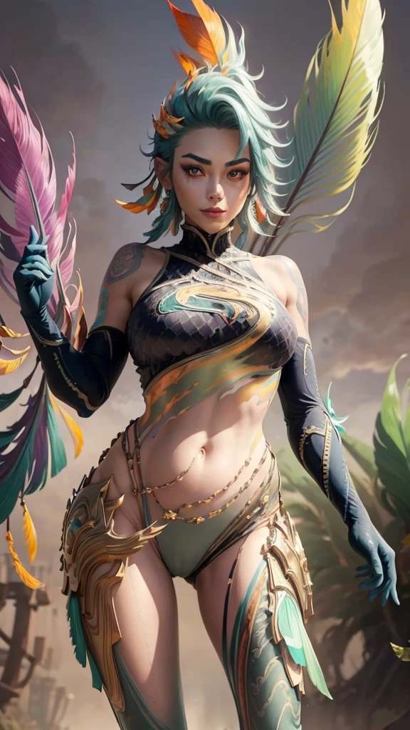 (masterpiece, top quality, best quality, official art, beautiful and aesthetic:1.2), (1girl:1.3), extremely detailed,(crotch tattoo), transparent top clothing, (fractal art:1.1),(colorful:1.1)(feathers:1.3),highest detailed,(zentangle:1.2), full body, (abstract background:1.3), (shiny skin), (many colors:1.4), ,(earrings), best quality, ultra-detailed, super detailed skin, cute, extremely detailed, 8K, solo, single, dynamic angle, beautiful female, belly button, blash, smile, uncensored, motion, navel, croptop, two-tone hair color, HDR, wind, perfect hand, active, ART STYLE