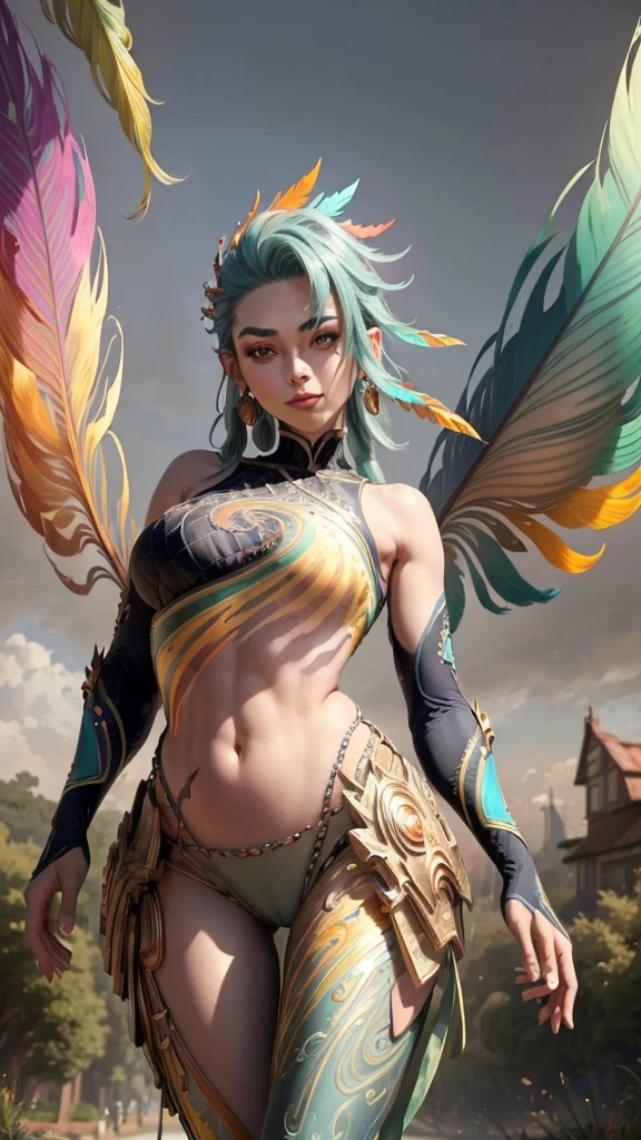 (masterpiece, top quality, best quality, official art, beautiful and aesthetic:1.2), (1girl:1.3), extremely detailed,(crotch tattoo), transparent top clothing, (fractal art:1.1),(colorful:1.1)(feathers:1.3),highest detailed,(zentangle:1.2), full body, (abstract background:1.3), (shiny skin), (many colors:1.4), ,(earrings), best quality, ultra-detailed, super detailed skin, cute, extremely detailed, 8K, solo, single, dynamic angle, beautiful female, belly button, blash, smile, uncensored, motion, navel, croptop, two-tone hair color, HDR, wind, perfect hand, active, ART STYLE