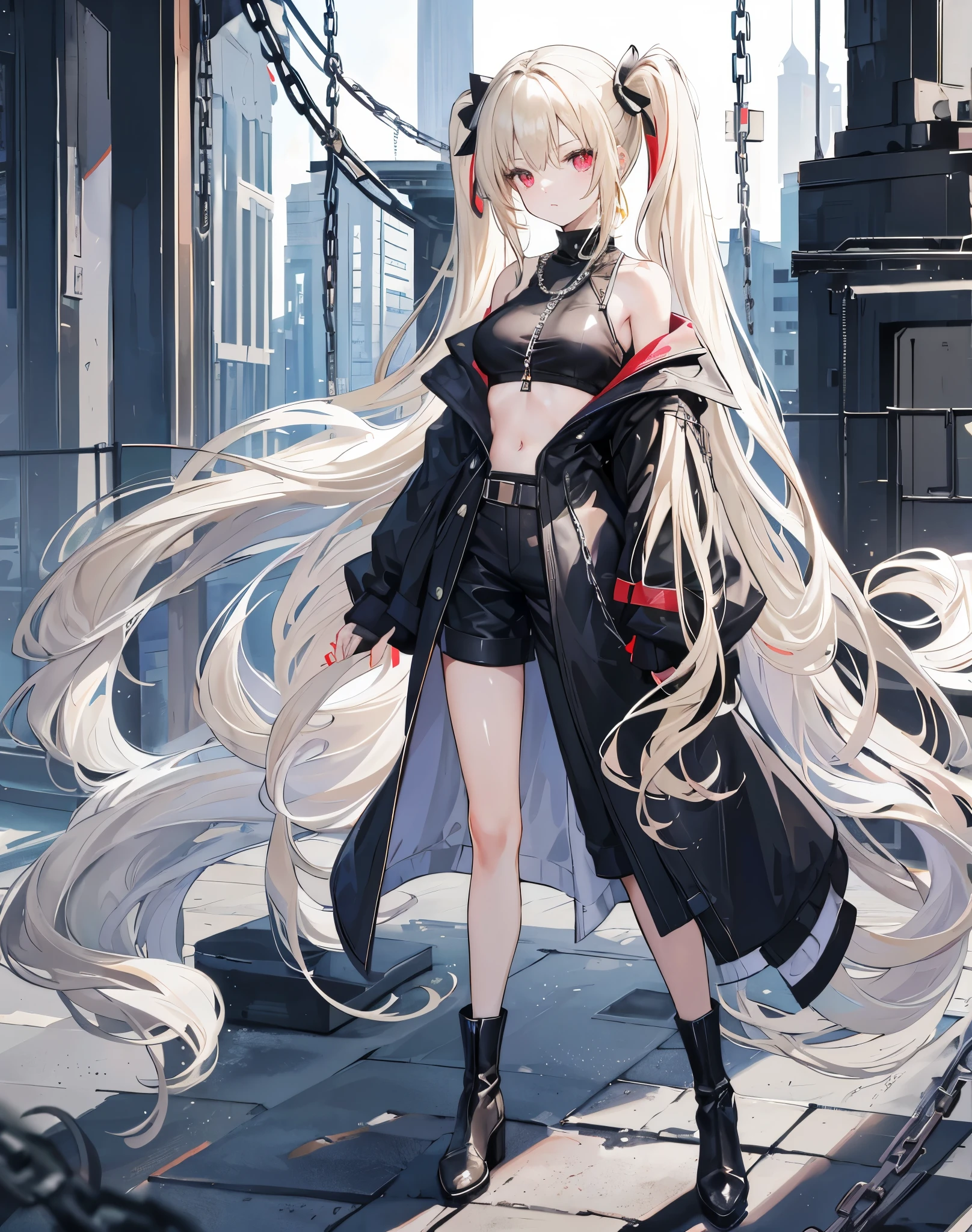 Twin tails,Hair colorbeige,Eyes red,（（Voluminous Hair 1.8，Hair is clear 1.6））， Hair that falls over the shoulders, Very long hair, Shiny Hair，Beautiful girl，Black clothing,Belly button exposed,big black long coat,Black shorts,Black long boots,Perfect body，Tall and tall，Thinness，on simple background，Background white,（round, Medium Large, Firm breasts），Standing on a stone,chain,（Long legs，Long legs，Long legs，Perfect leg shape），Full body photo。
