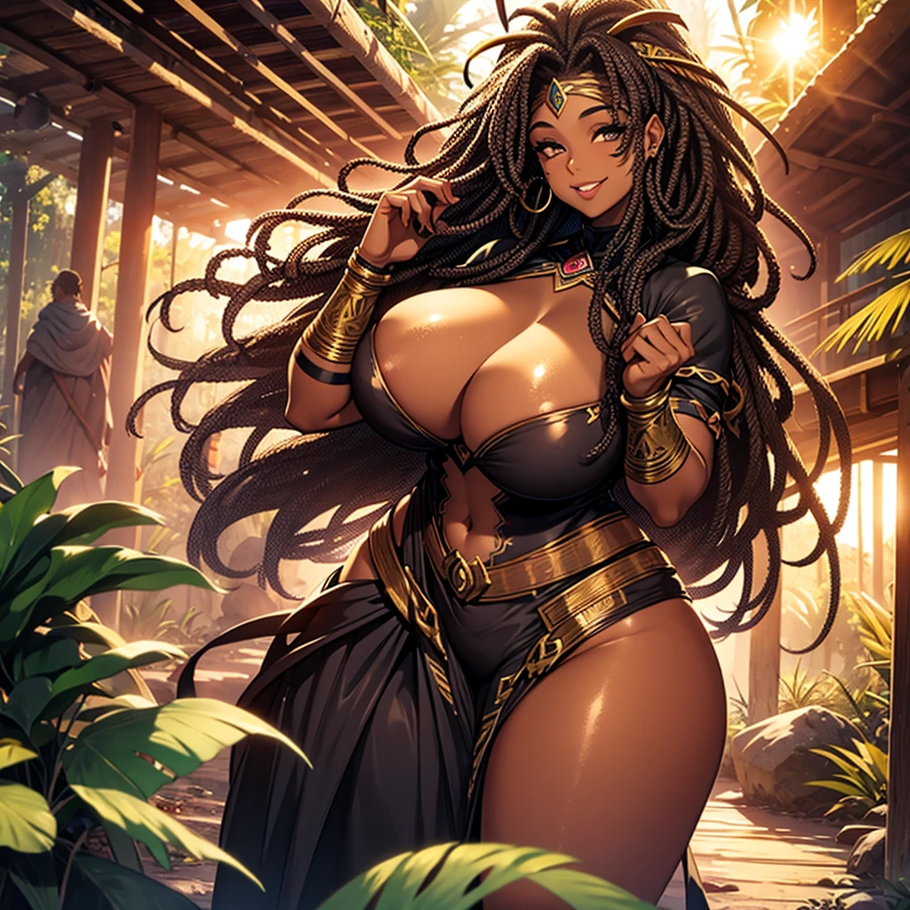 Female huge breasts thick thighs sexy cave woman tan skin shiny skin dreads attractive face smiling lips tribal face paint in jungle sunset full body shot
