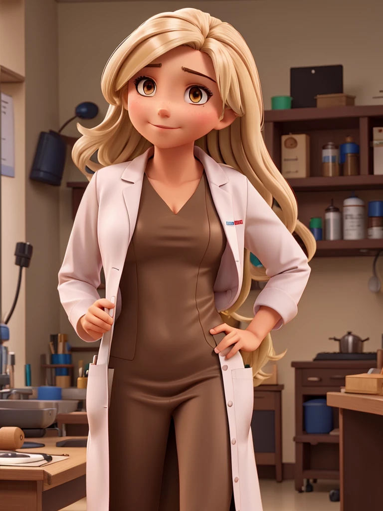 Create a nurse, Brunetette, medium skin tone, long dark hair and blonde highlights, wearing a lab coat and stethoscope.