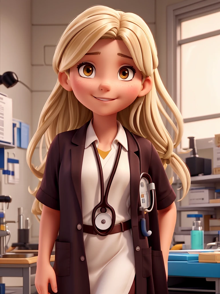 Create a nurse, Brunetette, medium skin tone, long dark hair and blonde highlights, wearing a lab coat and stethoscope.
