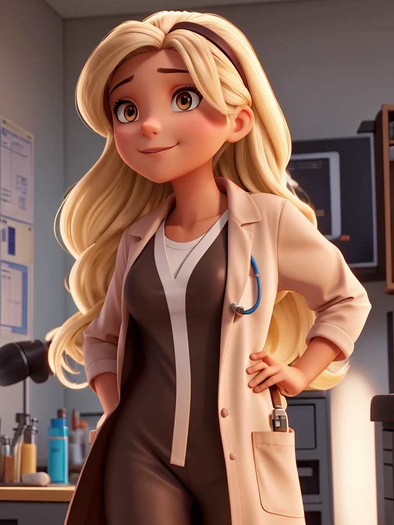 Create a nurse, Brunetette, medium skin tone, long dark hair and blonde highlights, wearing a lab coat and stethoscope.