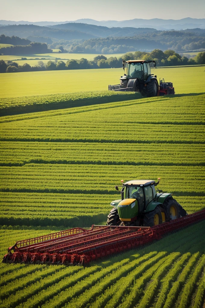 Seeder machine in a field with a tractor 