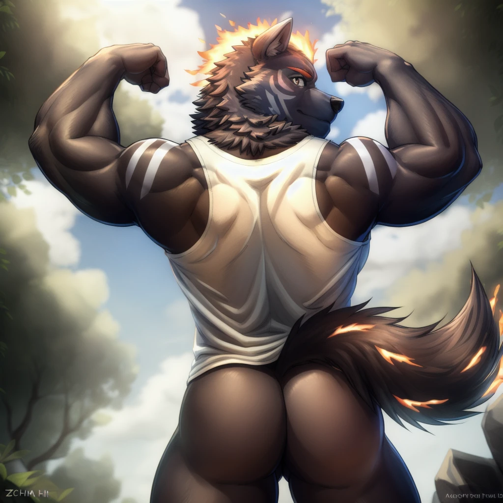 furlong, muscular male, bara, orange eyes, wolf tail, black fur, (pose:1.3), (posing:1.3), (soft shading), 4k, hi res, five fingers, detailed hands, ((detailed face, (detailed eyes:1.0), detailed)), (full body), by zackarry911, by zaush, (by personalami:0.5), solo, looking at viewer, blush, 1boy, ass, male focus, thighs, looking back, from behind, feet out of frame, bottomless, thick thighs, tank top, ass focus, white tank top, flaming eye, flexing, red fire hair,POV