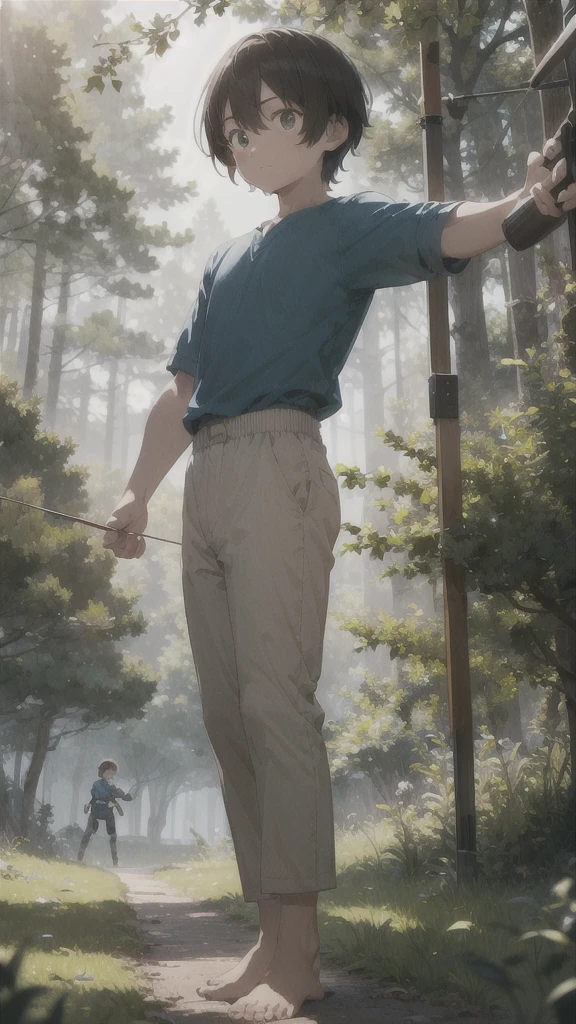 A boy of 1.Pale-skinned 70s practicing archery in the forest (right profile focus) brown hair light brown eyes wearing a blue tunic and brown pants without shoes standing on the grass shooting at a target