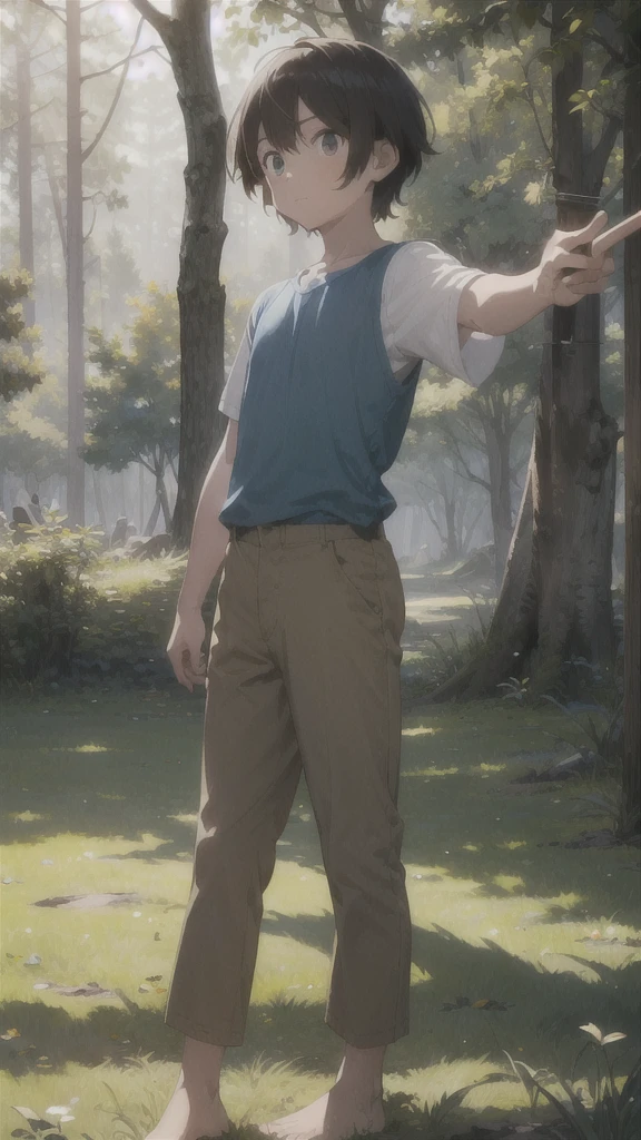 A boy of 1.Pale-skinned 70s practicing archery in the forest (right profile focus) brown hair light brown eyes wearing a blue tunic and brown pants without shoes standing on the grass shooting at a target 