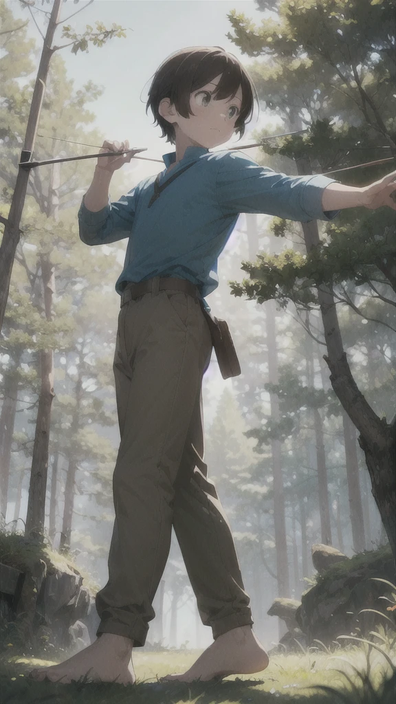 A boy of 1.Pale-skinned 70s practicing archery in the forest (right profile focus) brown hair light brown eyes wearing a blue tunic and brown pants without shoes standing on the grass shooting at a target
