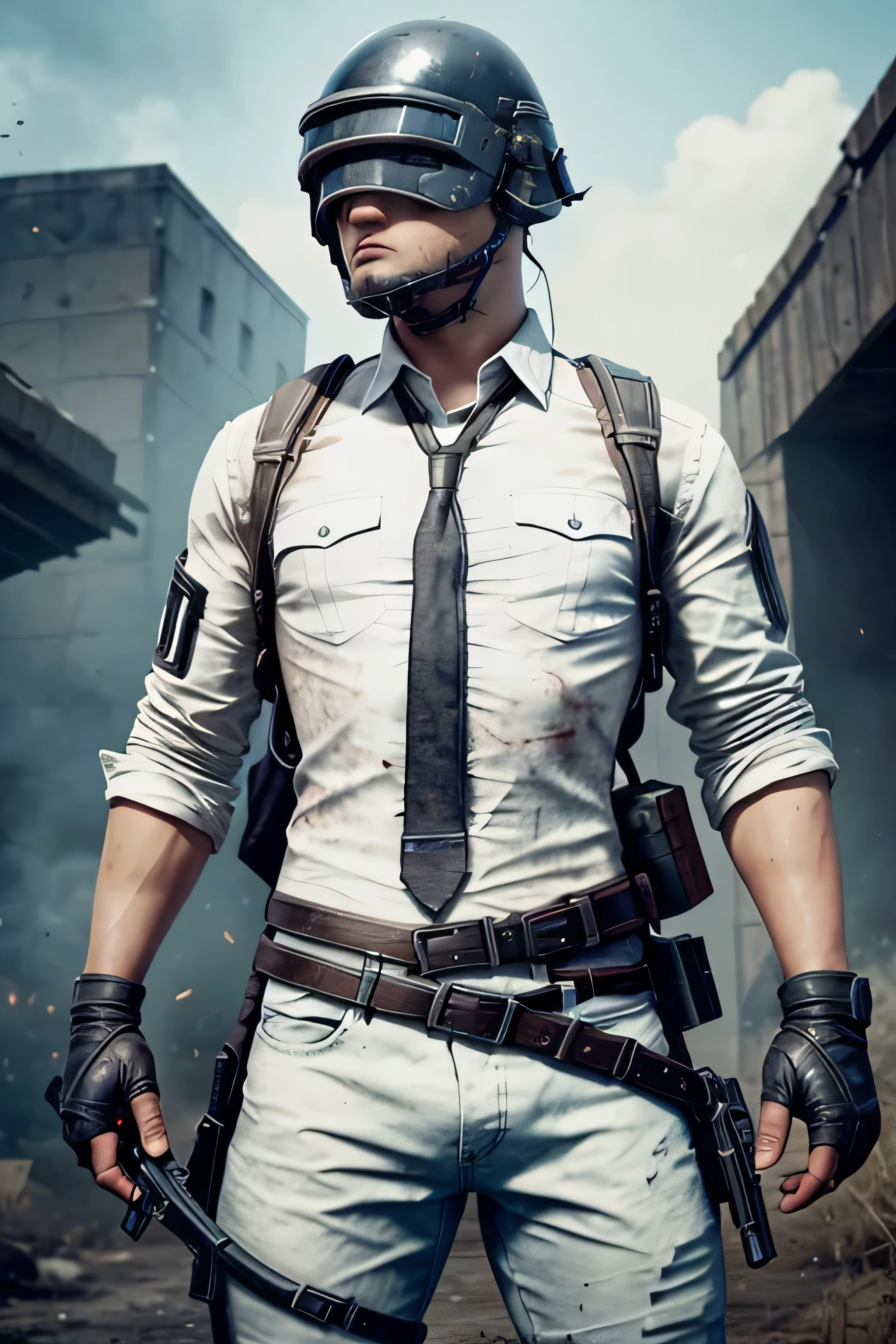 Battle-Hardened Boy in BGMI (PubG) Game Character, Engaged in Battle:
This detail-oriented illustration showcases a youthful, battle-ready character within the BGMI (PubG) game world. He's positioned at the tree level, armed with a helmet, a white shirt, a Jinsh coat, black boots, and even a touch of tactical camouflage paint. His attire is carefully designed with numerous pockets, belts, and gadgets hanging, hinting at his preparedness for any situation. A sense of action is captured as he focuses intently on his battle, his eyes gleaming with determination. The background vividly portrays a lush