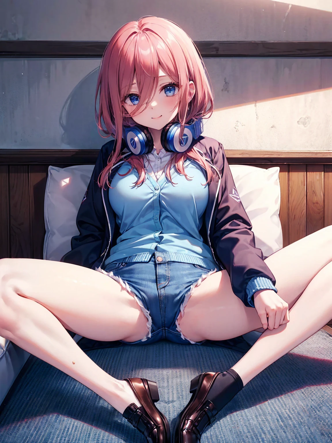 (8K, Highest quality, Highest quality, masterpiece), sit on the floor, (denim hot shorts), (mini shorts), big breasts, ((spread legs 1:2)), nm1, headphones around neck, long sleeves, blue cardigan, pantyhose, (fullbody), smile, school uniform, open jacket