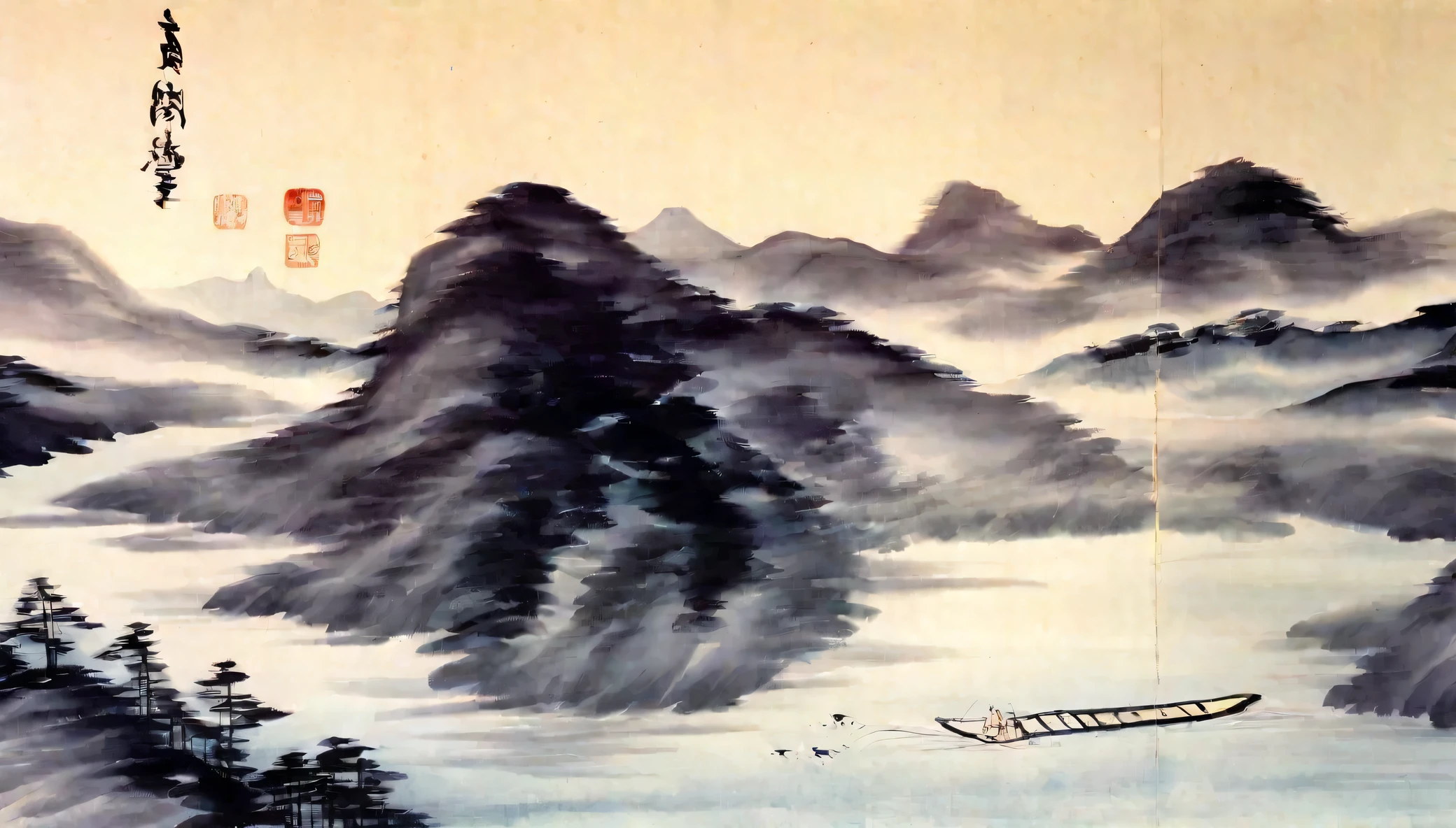 8K,Ultra Clear,Kimman.and, river，There is a boat in the water，There is an island on top of the mountain, Ink Painting, Chinese style,Highest quality, masterpiece, High resolution, kim hong do, Whity, shelf, Create breathtaking natural landscapes with vivid detail, Vibrant colors, and a sense of tranquility. Painting a gentle scene of rolling hills、Let your imagination run wild, Lush forest, A sparkling river flows through the valley, And a majestic mountain peak in the distance. Capturing the beauty of natural elements, wood々sunlight passing through the space, etc., gentle ripples on the water surface, And the bird soars gracefully across the sky. Immerse your viewers in this idyllic setting, evoke a sense of peace, sense of awe, And the connection with the natural world.