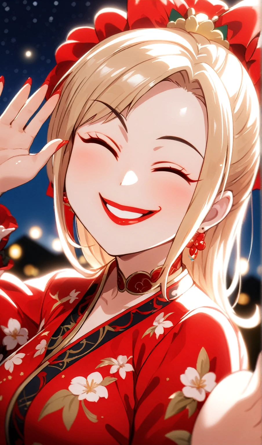 ((One personの女性)), Beautiful Face, ((恥ずかしそうにsmile)), (smile),((Wink:2.0)),((Waving to the audience:1.3)),  (Tilt your head:1.3), 口を大きく開けてsmile,((Bright red cheeks:1.4)),Shiny red lips,night,横浜みなとみらいのnight景, firework,口を開けてsmile,Glossy pink lips,Facial Lighting,((Anime style background)),masterpiece, Highest quality, so beautiful,Latest, Complex details, (Four fingers and a thumb), (Pink long nails),(ring),(Colorful Bracelets),(choker),AI-generated, Complex,High resolution, Highest quality, super high quality,3D Images、3D Images,One person,Long blonde hair,High Ponytail,(Turquoise Eyes),Anime woman posing for a photo, ((fine grain、Colorful eyes、Shining Eyes:1.3)),(Squint your eyes:1.1),a hyperRealistic , hyperRealistic , Realistic,Anime woman with long white hair, Smooth anime CG art, A woman in a colorful kimono with gold embroidery, (Pink long-sleeved kimono),Red floral pattern,Long flower hair ornament,Earrings,Mature Body,(Big Breasts:1.1),expensive,Abdominal muscles,Tight waist,(Zoom up to face:1.5),(front view),