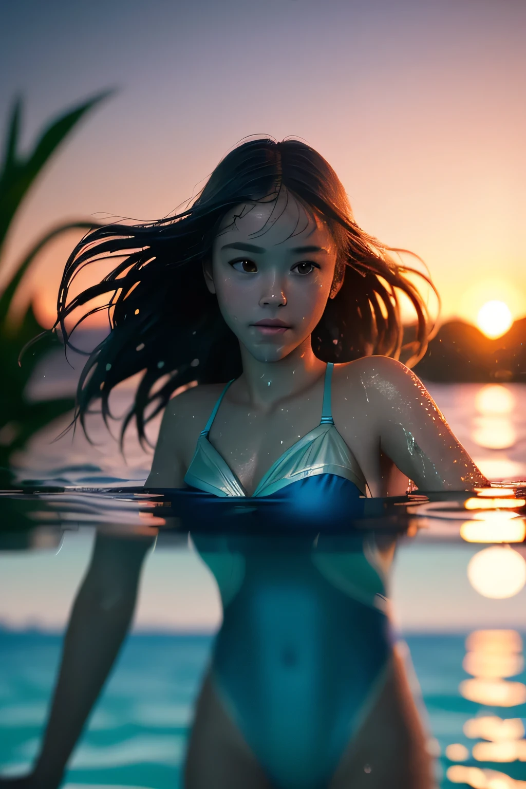 (masterpiece), (very complicated: 1.3), (realistic), portrait of a young girl, floating underwater, (dynamic perspective), the most beautiful in the world, (swimsuit), satin reflection, exterior, bright sunlight, distant plant group, stunning female professional photo details, sharp focus, dramatic, awards history, cinematic lighting, Octane Rendering Unreal Engine, dtx volumetry, (film grain, background blur, foreground blur, Bokeh, written boundary depth, sunset, motion blur: 1.3), (wet hair: 1.0),