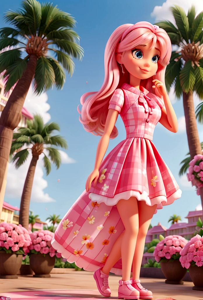 Create another scene with the same style, Barbie now wore a pink and white checkered dress.，The background shows 80 cities., There are many palm trees and pink flowers..
