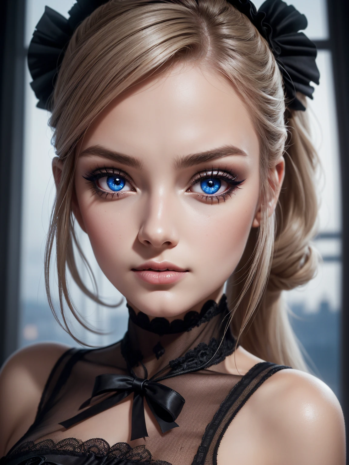 Anna Lorak, wearing sexy french maid clothes. Professional retouching, soft lighting, realistic, smooth face, Perfect eyes, Sharp focus on the eyes, 8 thousand., A high resolution, insanely detailed, difficult, elegant. with the Eiffel Tower in the background.
