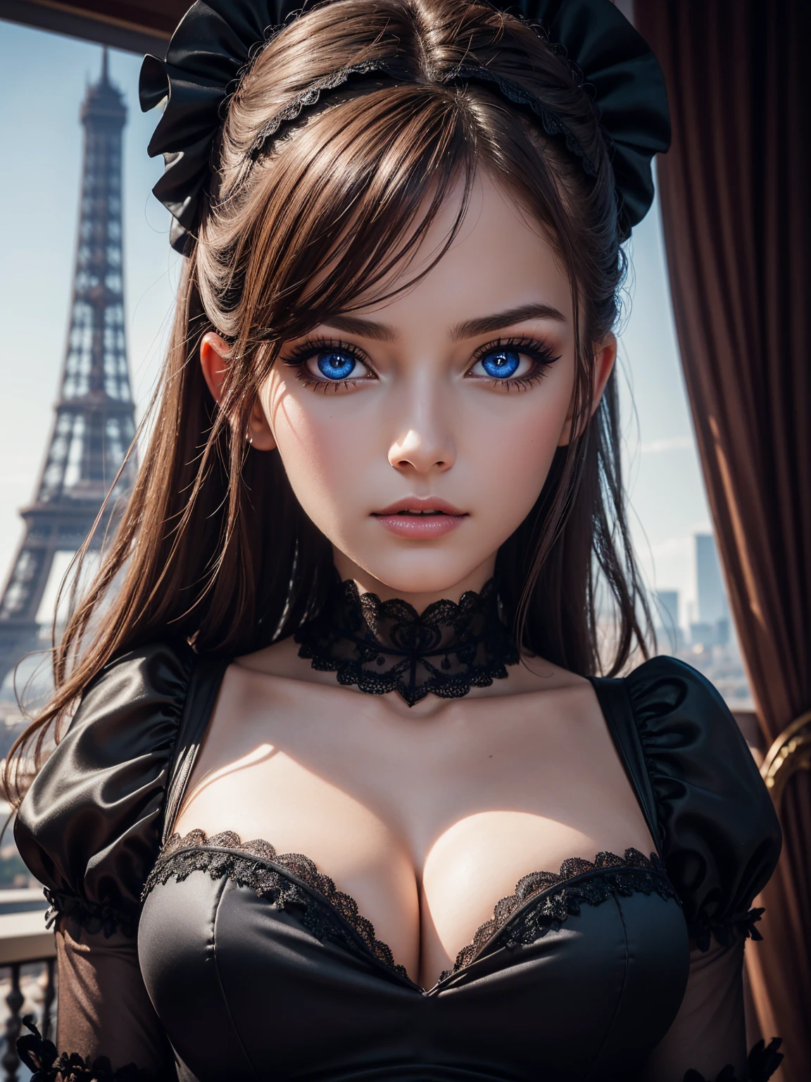 Anna Lorak, wearing sexy french maid clothes. Professional retouching, soft lighting, realistic, smooth face, Perfect eyes, Sharp focus on the eyes, 8 thousand., A high resolution, insanely detailed, difficult, elegant. with the Eiffel Tower in the background.