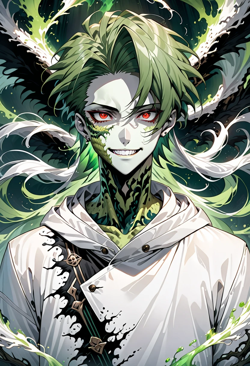 enerate an anime-style illustration of a teenage male character with the appearance of a Gorgon. He should have pale skin, sharp facial features, and a monstrous look, with green scales covering parts of his face and body. His hair should be made entirely of slender, elegant white snakes with subtle green highlights, all oozing a green liquid aura. The snakes should have piercing red eyes. The character should be wearing a white trench coat hoodie with accents of green, creating a harmonious green and white color theme. He should have a sinister grin on his face. Please ensure that the overall aesthetic remains true to traditional anime art style