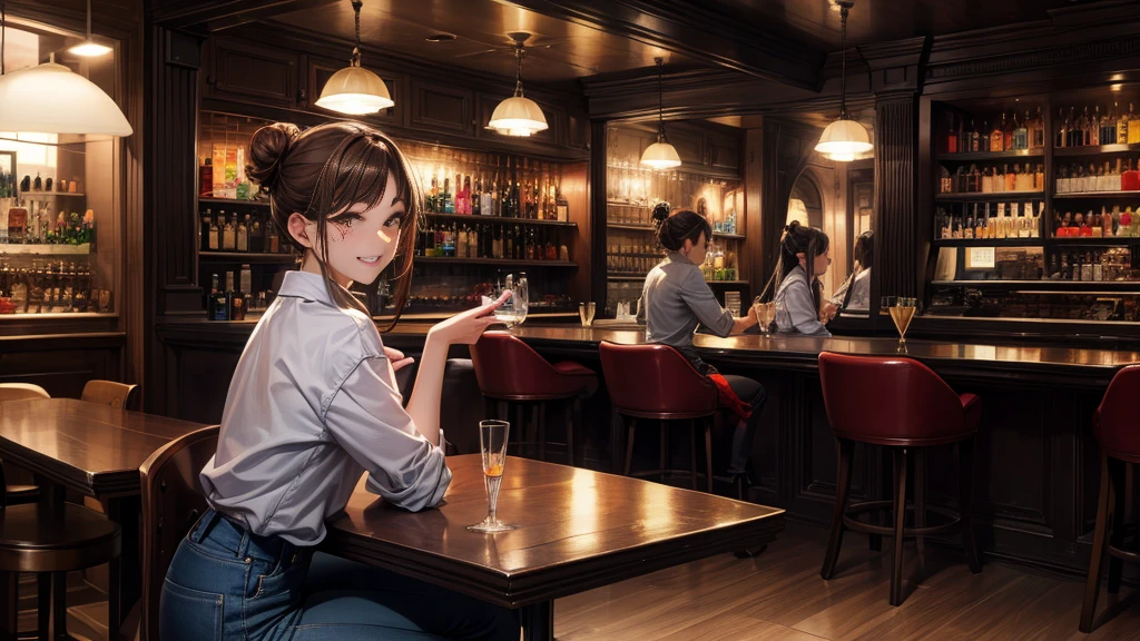 A woman drinking alone at a bar、Looking at me and smiling、Offering me a drink