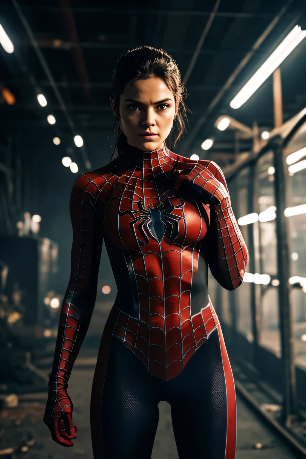 woman_with_black_spiderman_suit, {Spider-Girl:1} solo, action-packed, hyper-detailed, high-quality, ultra-realistic, dynamic pose, best resolution, 8K, cinematic, dark background, spider-emblem, detailed texture, realism, Sony a9, studio lighting, soft light, matte skin, vivid colors, visible pores, sharp focus, film grain, grungy industrial setting, extraordinary beauty, powerful, captivating, strong, determined, determined eyes, bold, iconic, epic, urban, extraordinary, photogenic, resolute, fearless, courageous, remarkable, badass, fierc