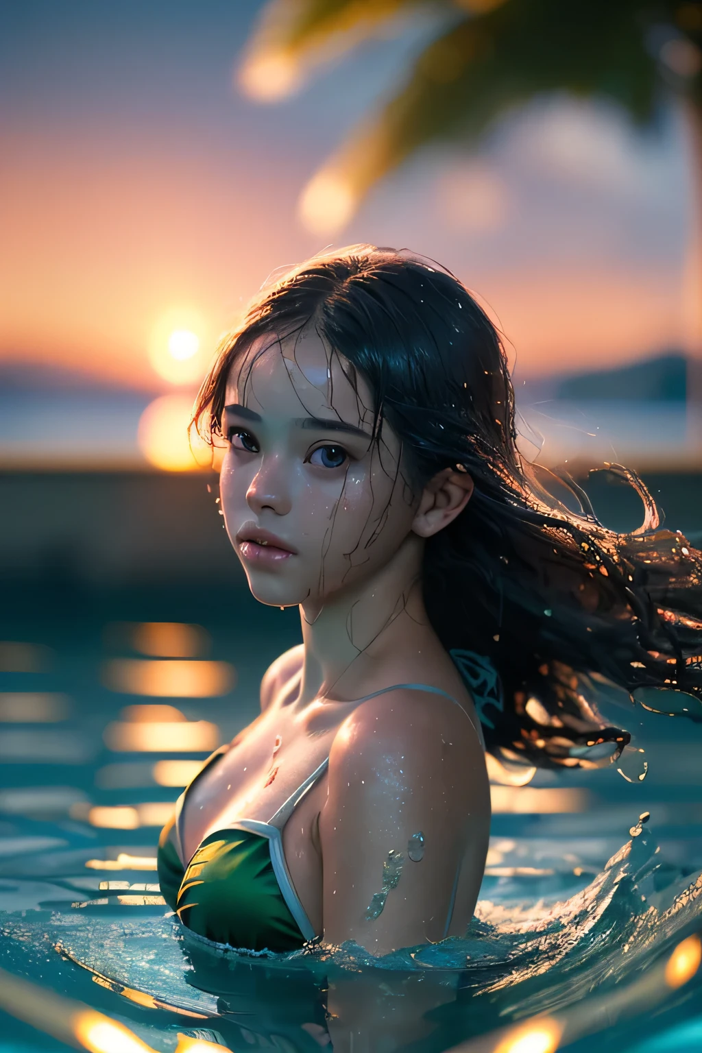 (masterpiece), (very complicated: 1.3), (realistic), portrait of a young girl, floating underwater, (dynamic perspective), the most beautiful in the world, (swimsuit), satin reflection, exterior, bright sunlight, distant plant group, stunning female professional photo details, sharp focus, dramatic, awards history, cinematic lighting, Octane Rendering Unreal Engine, dtx volumetry, (film grain, background blur, foreground blur, Bokeh, written boundary depth, sunset, motion blur: 1.3), (wet hair: 1.0),

