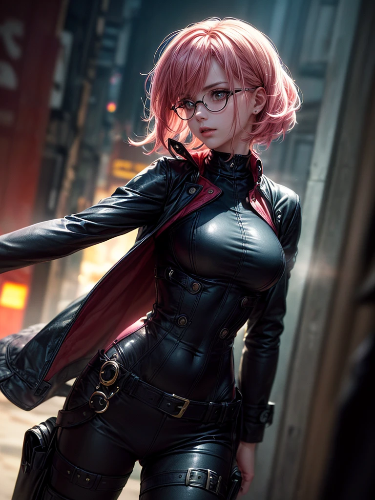 (
(character: a french woman, detective, slim bodysuit, Delgado, pink hair. neat side haircut)
(Clothes: pink trench coat, black shirt, glasses, Boots)
(pose: upper body shot:1.7, dynamic pose)
(blurred, intense urban lights in the background)
(Style: ((Masterpiece:1.5)), (detailed face), photorealistic:1.3, Hyper realistic, foggy, High contrast, shiny skin, soft lighting, backlighting, Bloom, flashes of light, chromatic aberration)