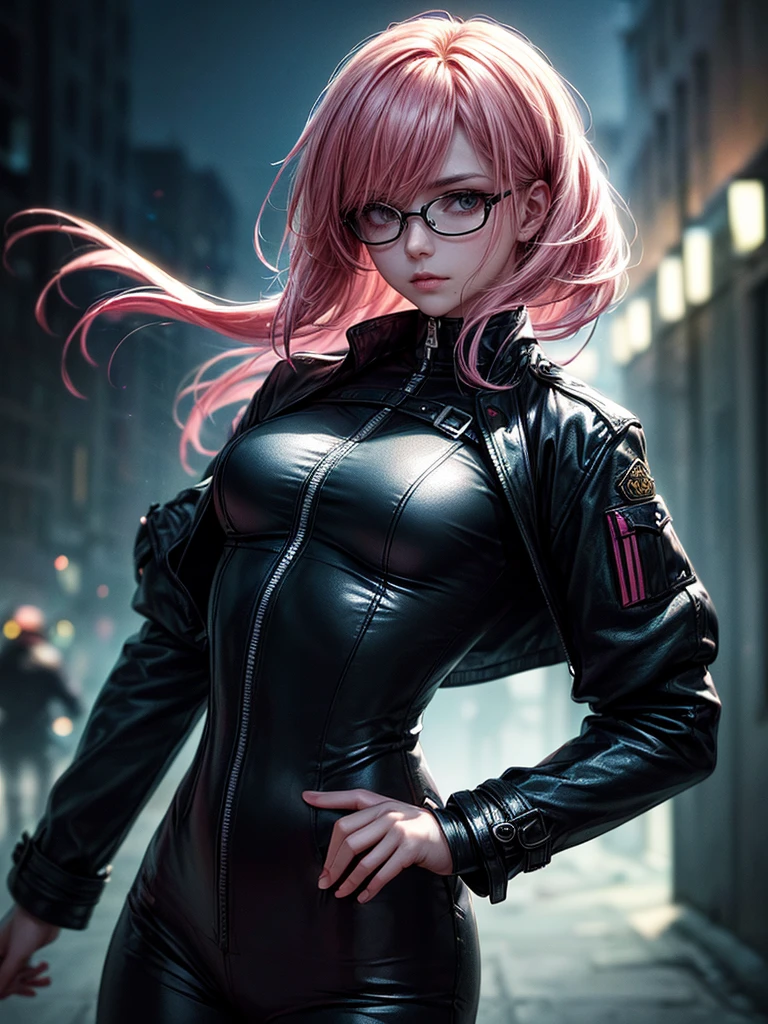 (
(character: a french woman, detective, slim bodysuit, Delgado, pink hair. neat side haircut)
(Clothes: pink trench coat, black shirt, glasses, Boots)
(pose: upper body shot:1.7, dynamic pose)
(blurred, intense urban lights in the background)
(Style: ((Masterpiece:1.5)), (detailed face), photorealistic:1.3, Hyper realistic, foggy, High contrast, shiny skin, soft lighting, backlighting, Bloom, flashes of light, chromatic aberration)