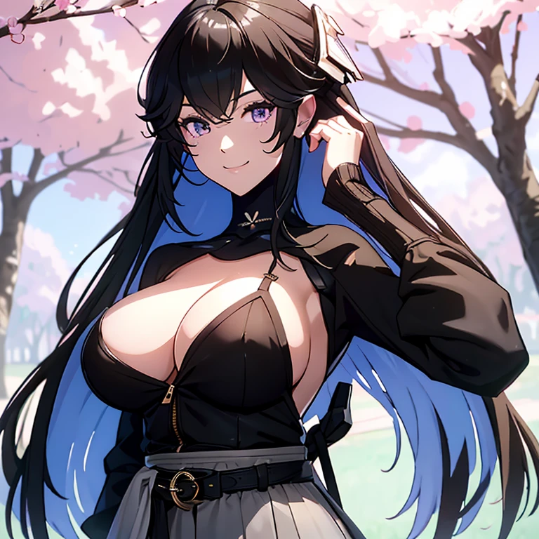 tmasterpiece， Best quality at best， 1girll, selenapgr, two-tone long hair, (Big breasts:1.4)，Cropped sweater，（upperbody closeup)，Raised sexy，is shy，seductive smile， the cherry trees，Cherry blossoms flying，Sweater, half naked，Zipper half