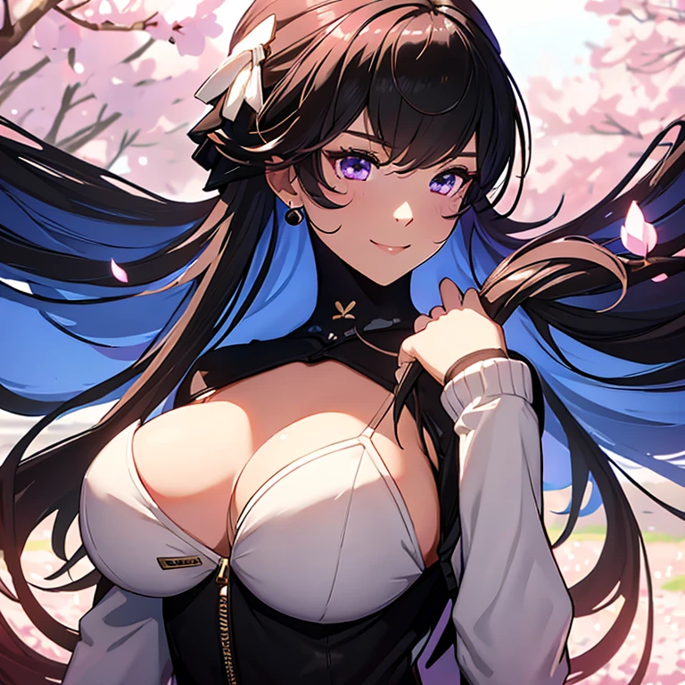 tmasterpiece， Best quality at best， 1girll, selenapgr, two-tone long hair, (Big breasts:1.4)，Cropped sweater，（upperbody closeup)，Raised sexy，is shy，seductive smile， the cherry trees，Cherry blossoms flying，Sweater, half naked，Zipper half