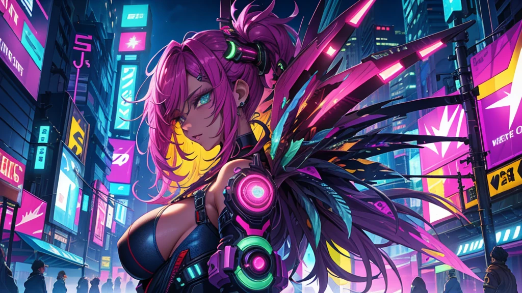 (extremely detailed CG Unity 4k wallpaper),(​masterpiece),(best quality),(Ultra-detail),(best Illustration),(Best Shadow),(most absurd),(detailed background), cyberpunk girl, You look , showing, From Side View, View of anotheneon lights, smug facial expression, Sehr detailed face,Harajuku-inspiriertes Pop-Outfit, bold colors and patterns, eye-catching accessories, trendy and innovative hairstyle, Vibrant makeup,Dazzling cyberpunk cityscape, sky-scrapers, neon signs, LED lights, Bright and vibrant color scheme, アニメ, Illustration, detailed skin structure, detailed fabric structure, Beautiful, detailed face, Intricate detailing, ultra detailed