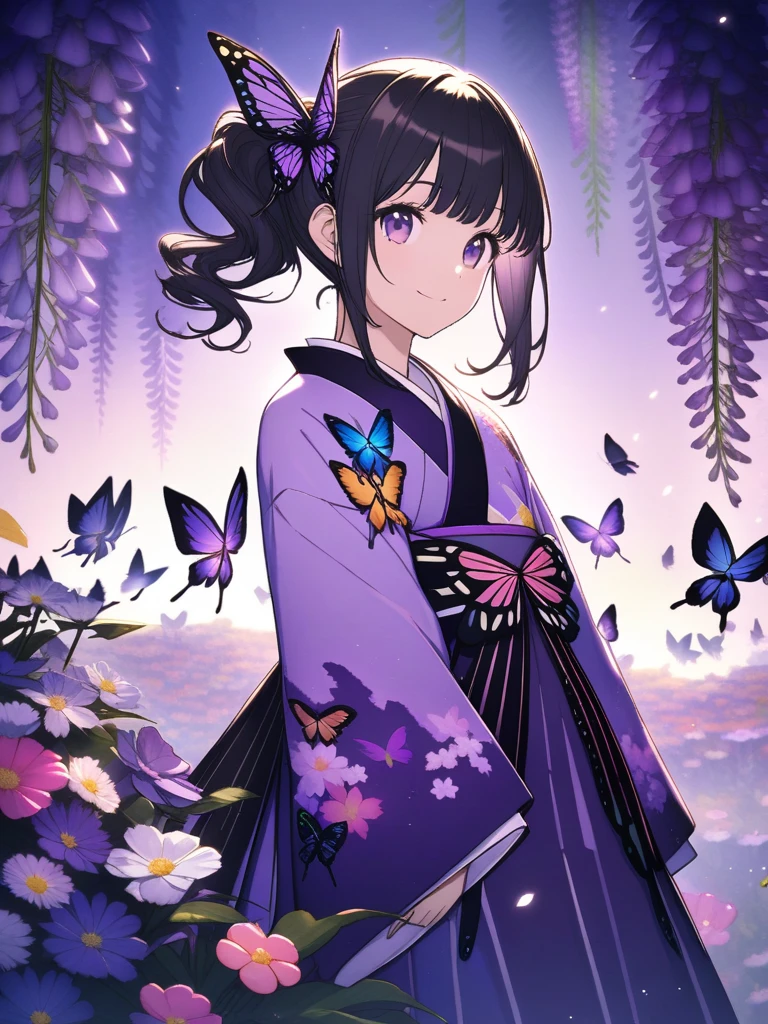 32k, best quality, ultra high res, HDR, UHD, extremely detailed CG, unity 32k wallpaper, (32k), ((cute girl)), (hight quality), (high-level image quality), (smile), (hight quality wisteria flowers background), (32k background), (wisteria trellis), (purple short ponytail), (purple eyes), (18 years old), (illustration), (purple light particles), (purple kimono), (purple Japanese clothes), (((front))), (32k), (beautiful cute girl), (butterfly ornament), (butterfly dress), ((many butterflies)), (((background of many flowers ))), (((bright background))), (beautiful world), (cute world), (smile),