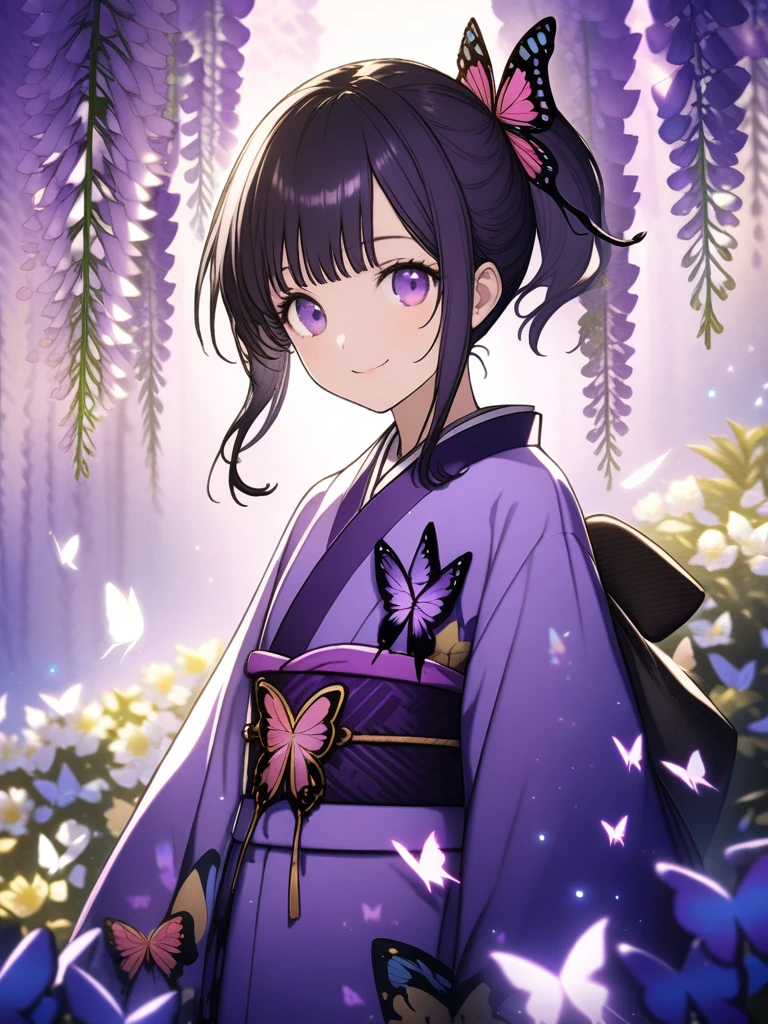 32k, best quality, ultra high res, HDR, UHD, extremely detailed CG, unity 32k wallpaper, (32k), ((cute girl)), (hight quality), (high-level image quality), (smile), (hight quality wisteria flowers background), (32k background), (wisteria trellis), (purple short ponytail), (purple eyes), (18 years old), (illustration), (purple light particles), (purple kimono), (purple Japanese clothes), (((front))), (32k), (beautiful cute girl), (butterfly ornament), (butterfly dress), ((many butterflies)), (((background of many flowers ))), (((bright background))), (beautiful world), (cute world), (smile),