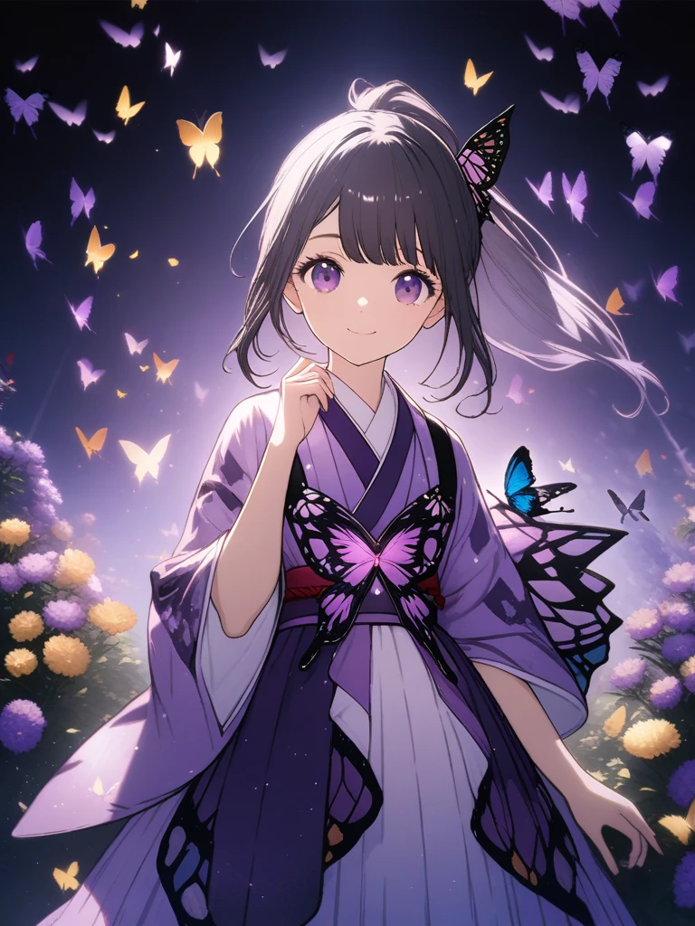 32k, best quality, ultra high res, HDR, UHD, extremely detailed CG, unity 32k wallpaper, (32k), ((cute girl)), (hight quality), (high-level image quality), (smile), (hight quality wisteria flowers background), (32k background), (wisteria trellis), (purple short ponytail), (purple eyes), (18 years old), (illustration), (purple light particles), (purple kimono), (purple Japanese clothes), (((front))), (32k), (beautiful cute girl), (butterfly ornament), (butterfly dress), ((many butterflies)), (((background of many flowers ))), (((bright background))), (beautiful world), (cute world), (smile), 