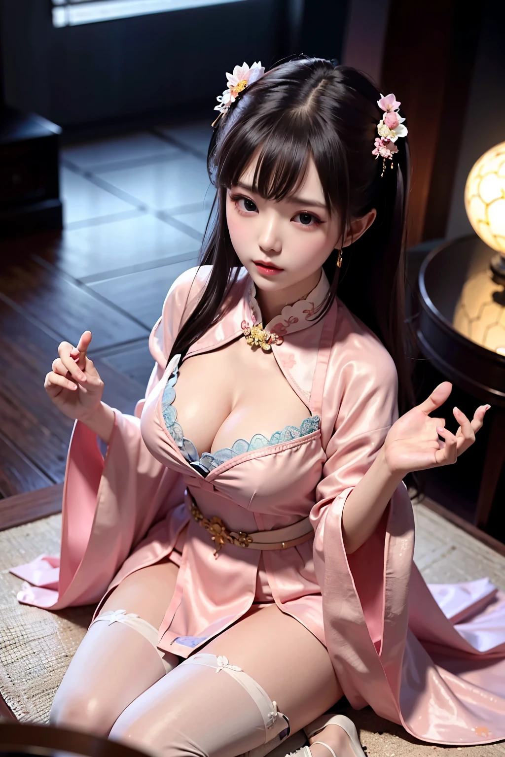 a princess 8 yeald old cute Hanfu  dynasty open V-chested clothes royal, All pictures, Wet body of thin silk fabric, Thin silk lace petticoat,princess 8 yeald old cute, (huge ，cleavage),petticoat, white pink, blue ，best qualtiy，tmasterpiece，Ultra-high resolution，（Reality：1.4），RAW photogr，（True skin texture：1.3），（filmgrain：1.3），（Selfie angle），1个Giant Breast Girl，Beautiful eye and face details，tmasterpiece，Best quality at best，exposing thighs，Bigchest，The chest is more exposed， detailed hair，above looking down facing at camera,short dressPrincess Eyes,Super big eyes,Detailed face,shiny pupils, dress pink (a garden,moon palace,Chang'e,mooncakes)