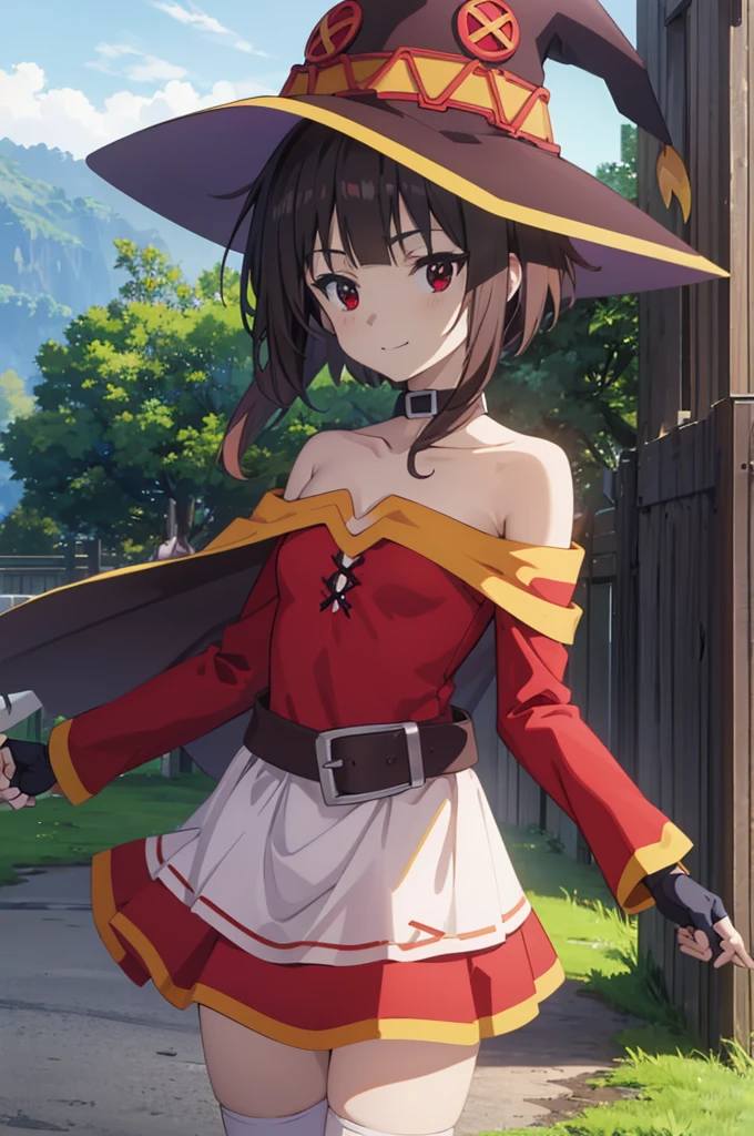 masterpiece, best quality, high resolution, best illustration, super fine illustration, (official art:0.6), (anime screencap:1.2), detailed beautiful face and eyes, anime keyvisual, (perfect anatomy:1.1), 8k portrait, (detail focus fingers:1.5), 
1girl,
Megumin \(konosuba\),
short hair with long locks,
brown hair, 
(red eyes:1.2), 
witch hat, black choker, black gloves, fingerless gloves,  
small breasts, 
off-shoulder dress, red dress, brown cape, long sleeves, single thighhigh, asymmetrical legwear, bandaged leg,
smile, 
looking at viewer, 
cowboy shot, 
dynamic pose, 
natural light, background of outdoors, (forrest), nature, 