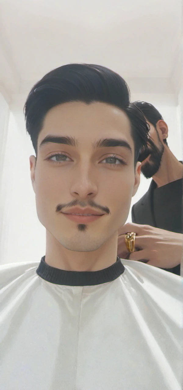 Young man, thin and tall; White skin. He has very long black hair combed backwards., bushy eyebrows, dark eyes, beard and mustache. He wears a black suit, Red tie, dark pants. He has many gold and silver rings on his fingers.. He is sitting on a balcony looking at the camera with a big smile. It's night and you can see a city in the distance.