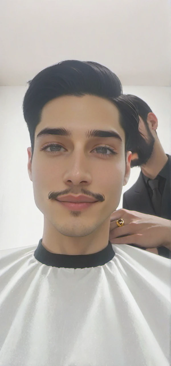 Young man, thin and tall; White skin. He has very long black hair combed backwards., bushy eyebrows, dark eyes, beard and mustache. He wears a black suit, Red tie, dark pants. He has many gold and silver rings on his fingers.. He is sitting on a balcony looking at the camera with a big smile. It's night and you can see a city in the distance.