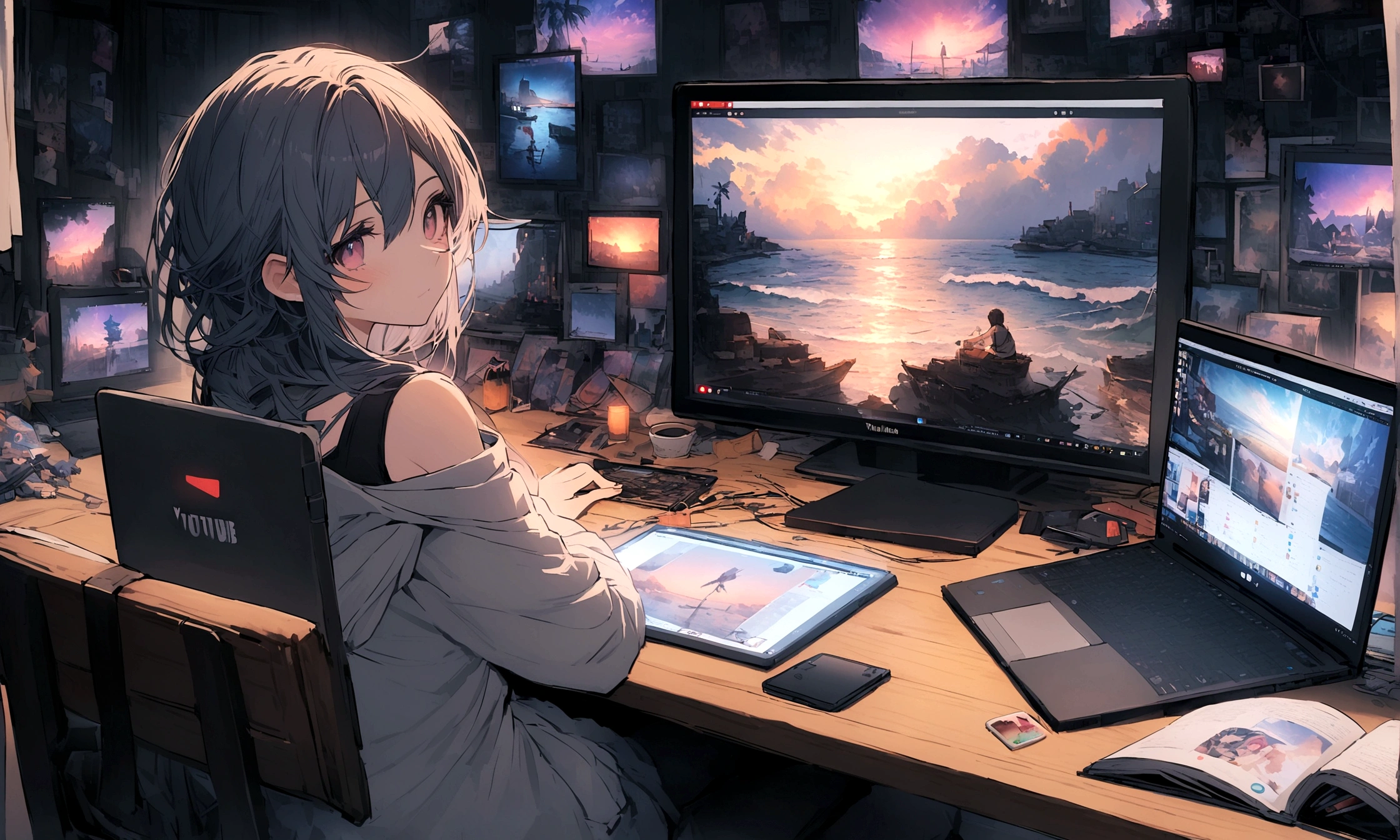 The protagonist sits at a cluttered desk with their laptop open. The screen shows a YouTube video editing software. Tabs at the top include a “sea art” website.