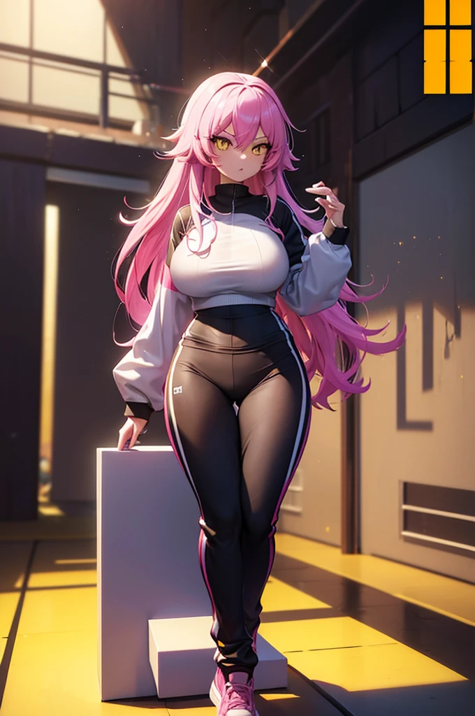 (masterpiece), best quality, Roblox, track suit, messy long hair, pink hair, full body, Black track suit, yellow eyes, white skin, (roblox), robloxian, (female), wide hips, blocky body, squared body, 3d, roblox character, (roundy-squared body)