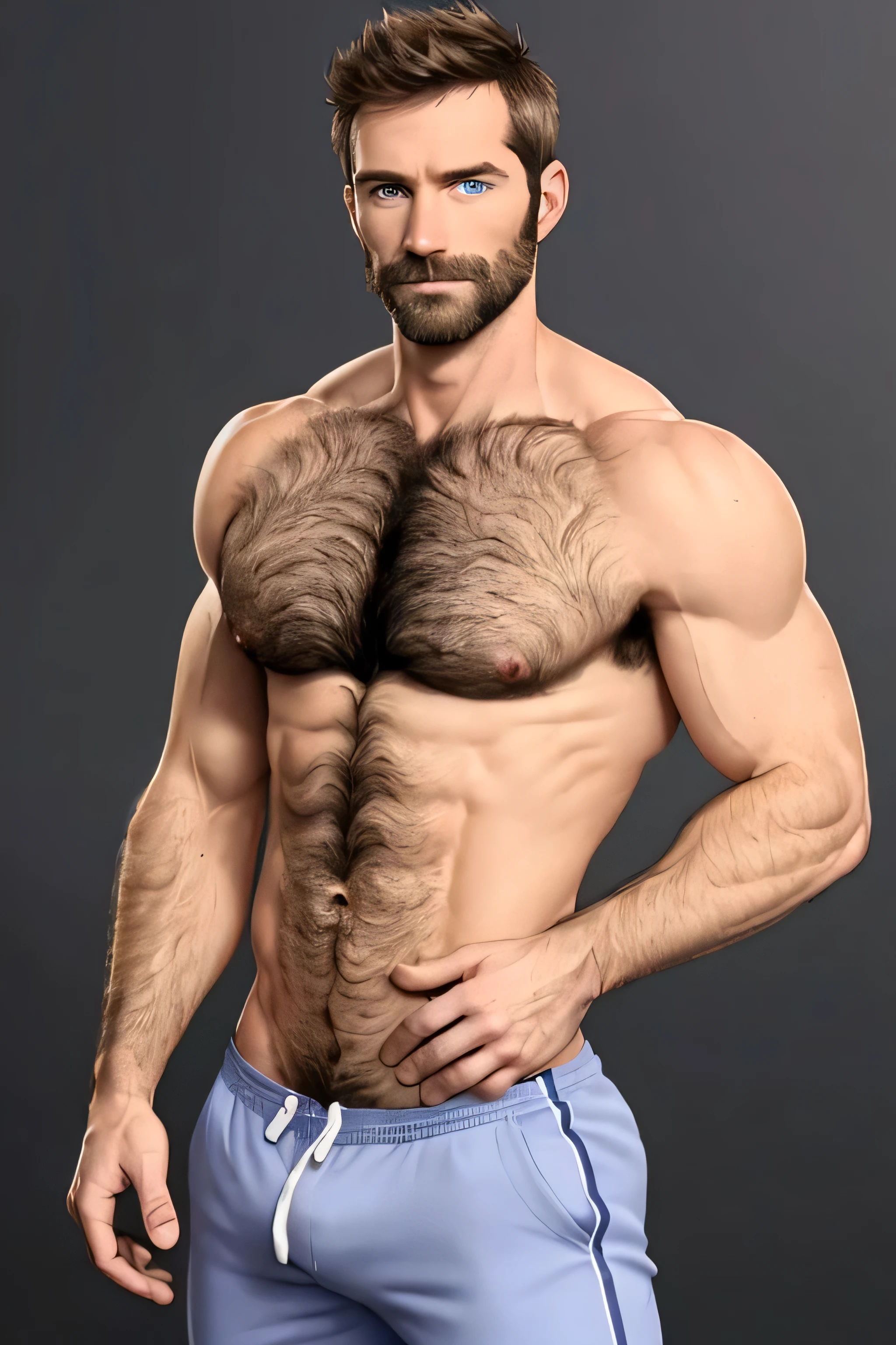 40-year-old male, short light-brown hair, piercing blue eyes, ruggedly handsome face, perfect face, (clean shaven face:1.3), (very short hair:1.5), shirtless, body hair, hairy chest, hairy pectorals, lean muscle, large pectorals, pectoral lift, defined abdominals, very hairy abdominals, very hairy forearms and hands