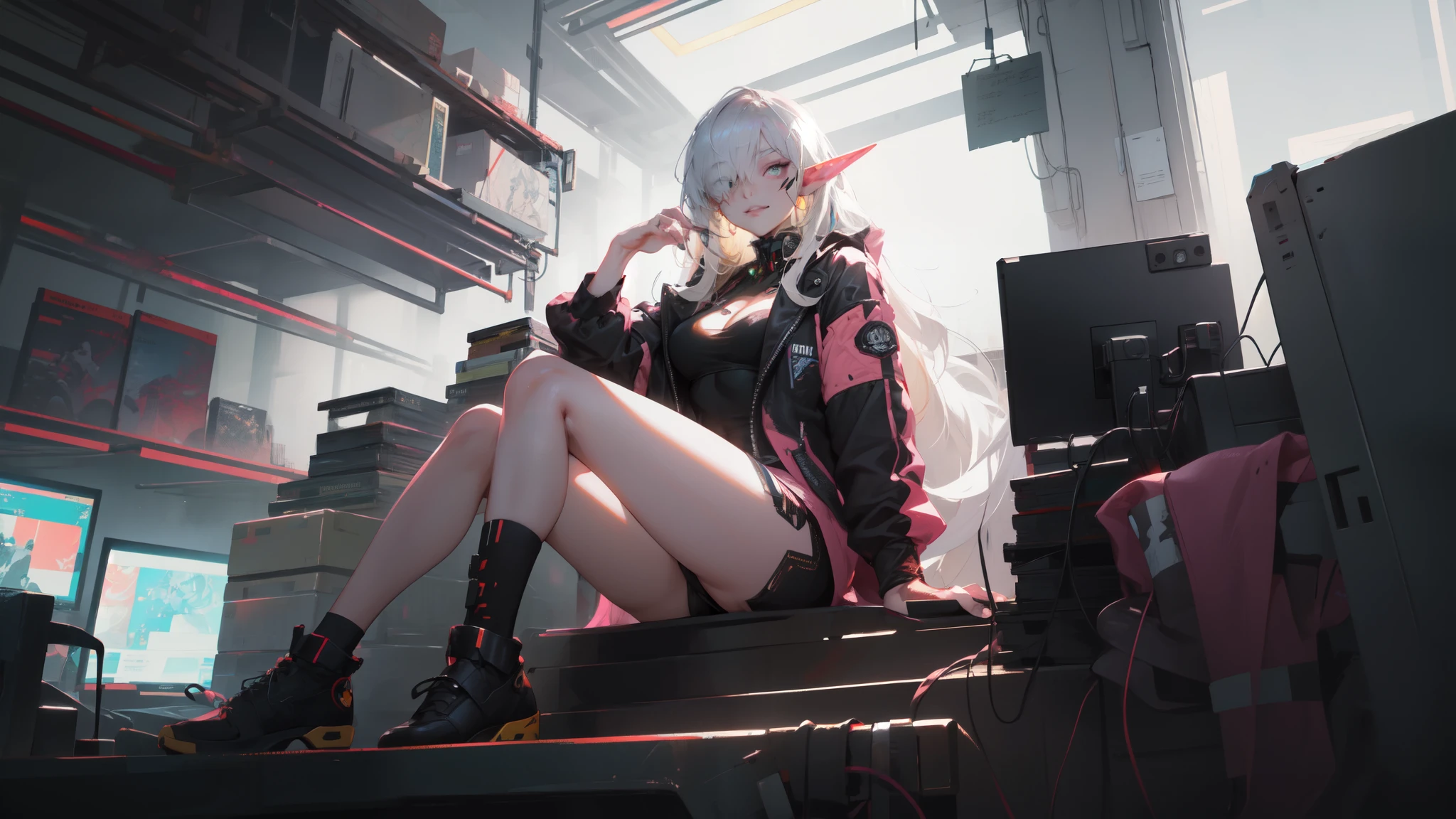 ((​masterpiece )), (top quality), (best quality), ((Ultra-detail, 8K quality)), aesthetics, cinematic lighting, (detailed line art), beautiful digital artwork, exquisite digitale Illustration, most absurd, (best composition), (high resolution), 
romper,
Portrait of a beauty fairy, Cyberpunk Techwear Streetwear Look and Clothing, We can see them from the feet to the head, very detailed and complicated, golden ratio, Beautiful bright colors, futuristic, cyberpunk setting, Cyberpunk style, (sitting in the library), Viewers look at, artstation, conceptual art, Cyberpunk style illustration by Yoji Shinkawa, By Haruhiko Mikimoto, 
romper,
very detailed by (elf), (1 girl), alone, perfect face, Details Eye, cyber_mark, facial spot, Ahoge, ((Long hair:1.2)), (Hair over one eye:1.3), [[tousled hair]], (Blonde white hair, multi-colored hair), yellow  eyes, multi-color eyes,  glowing eyes, Smart students, (eyelashes, eyeshadows, pink eyeshadows), smile, design art By Haruhiko Mikimoto, by kawacy, By Yoshitaka Amano,
romper, 
((perfect anatomy)), beautiful body, Mid Chest, (Extremely detailed fingers), (best hands), perfect face, pretty face, beautiful eyes, perfect eyes, (perfect fingers), (perfect legs), correct anatomy,