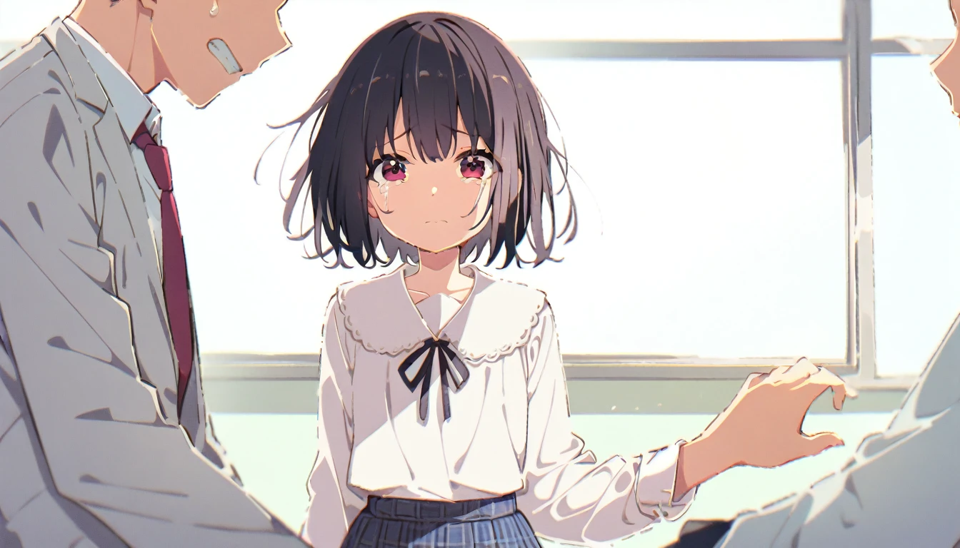 One girl with black bob hair、White blouse、Checked Skirt、Half naked、Sexual violence、Being touched by a man、Standing posture、classroom、Shyness、Crying face、resistance、fear