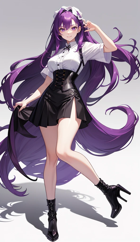 Purple Hair,Long Hair,Adult female,White Y-shirt,((Roll up her sleeves)),(((Roll up your sleeves))),(corset),(Black tight skirt),(High heels),((A simple, blank white background)),smile,((full body)),((whole body)),