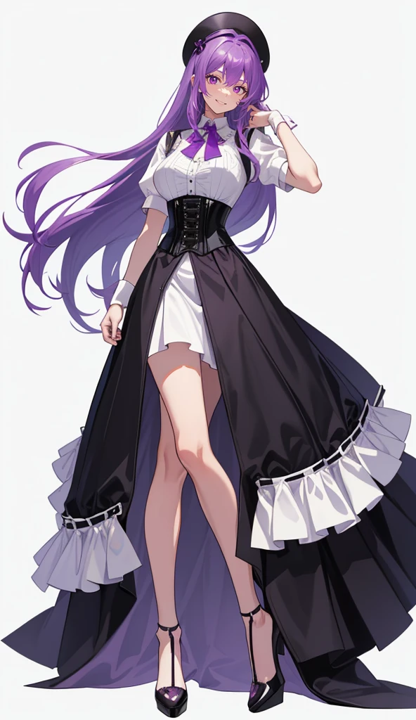 Purple Hair,Long Hair,Adult female,White Y-shirt,((Roll up her sleeves)),(((Roll up your sleeves))),(corset),(Black tight skirt),(High heels),((A simple, blank white background)),smile,((full body)),((whole body)),