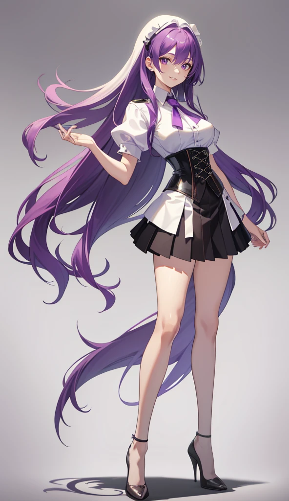 Purple Hair,Long Hair,Adult female,White Y-shirt,((Roll up her sleeves)),(((Roll up your sleeves))),(corset),(Black tight skirt),(High heels),((A simple, blank white background)),smile,((full body)),((whole body)),