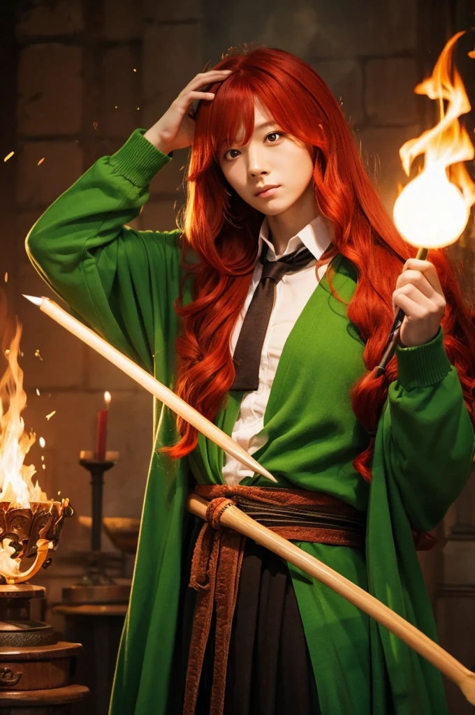 Red hair、long hair、Green cardigan、Wizard、Cane、Fire Magic